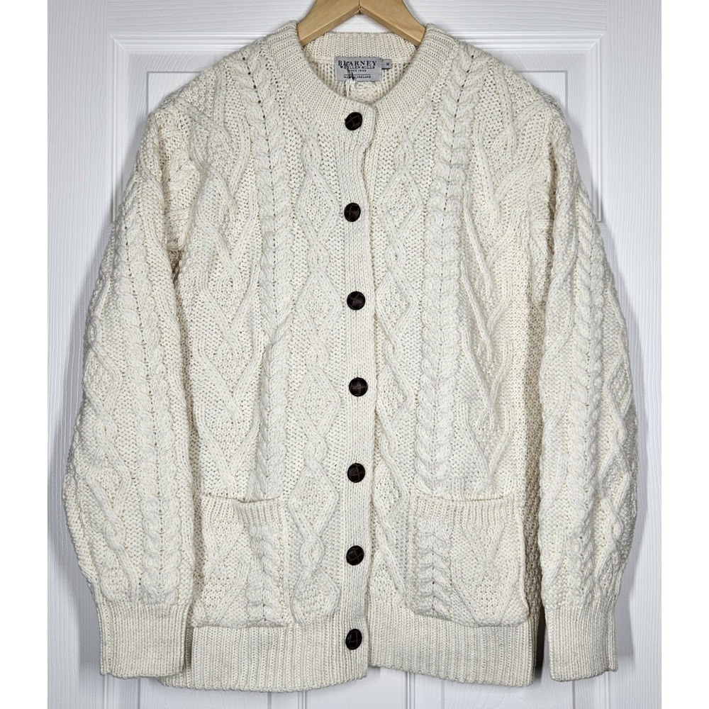 Blarney Woollen Mills Ireland 100% Merino Wool Fisherman Cardigan Sweater M NWT - Picture 2 of 9